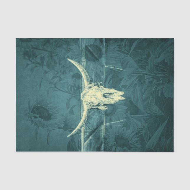 Papel De Seda Rustic Western Dark Teal Sunflower Bull Crânio (Frente )