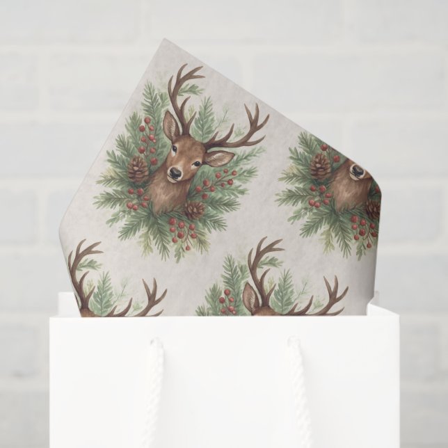 Papel De Seda Rustic Woodland Deer Head with Winter Foliage -  (Sacola de presentes)