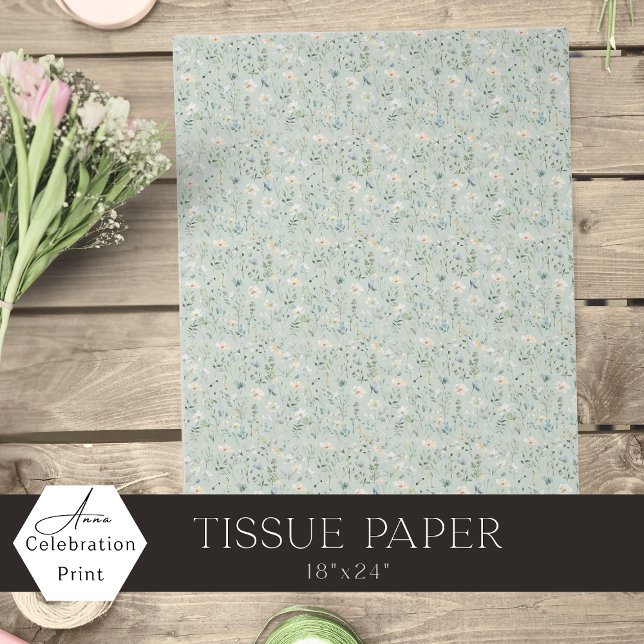 Papel De Seda Sage Green Watercolor Small Wildflowers (Criador carregado)