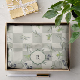 Papel De Seda Sage Verde Aquarela Chic Padrão Monograma Oliva