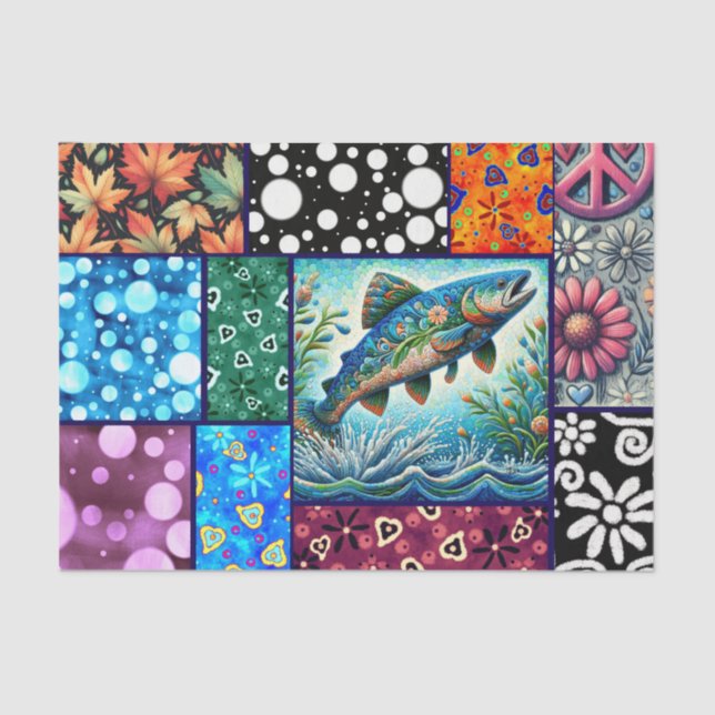 Papel De Seda Salmon Crazy Quilt Floral Whimsical Decoupage (Frente )