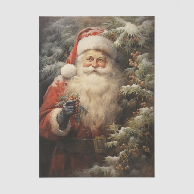 Papel De Seda Santa Claus Cuddling a Christmas Tree Ivy Berries  (Frente )