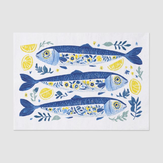 Papel De Seda Sardinhas Azuis e Amarelas de Verão Mediterrâneo (Frente )