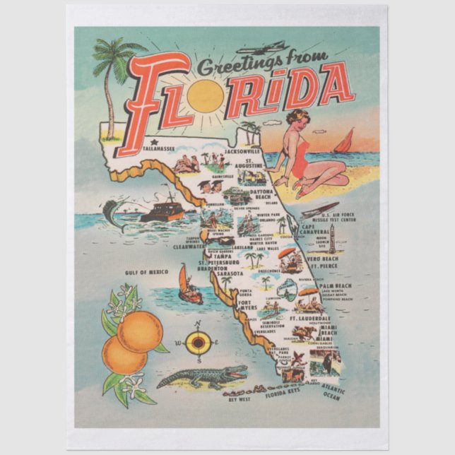 Papel De Seda Saudações do mapa antigo da Flórida (Frente )