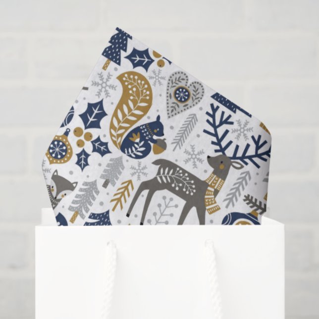Papel De Seda Scandinavian Woodland Animals Snowflakes Christmas (Sacola de presentes)