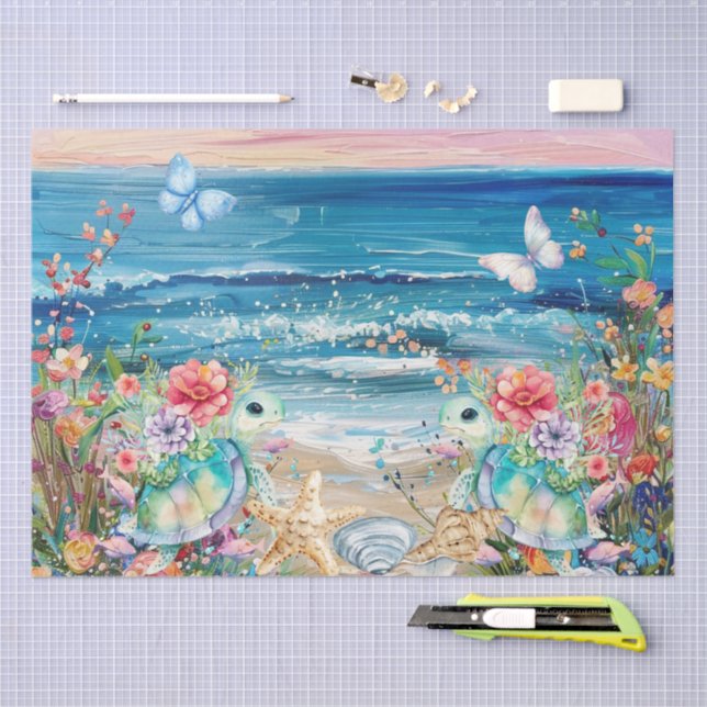 Papel De Seda Scenic Coastal Floral Sea Turtles Decoupage  (Arte )