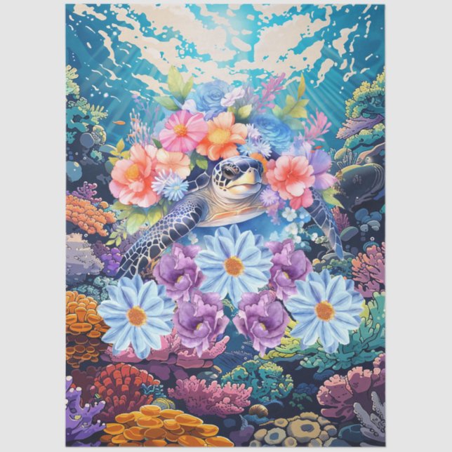 Papel De Seda Scenic Coral Reef & Floral Sea Turtle Decoupage (Frente )