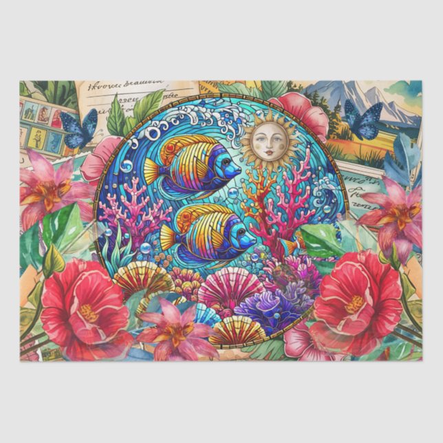 Papel De Seda Scenic Tropical Stained Glass Fish Decoupage (Frente )