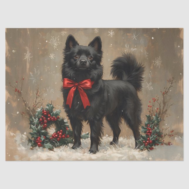 Papel De Seda Schipperke de Natal Cachorro com Decoupage de Laço (Frente )