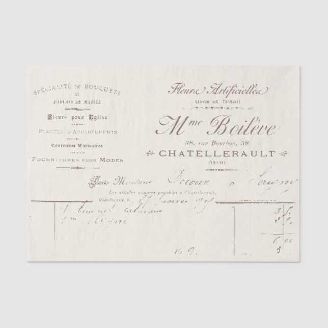 Papel De Seda Script de Fatura Florista da Ephemera Francesa Vin (Frente )