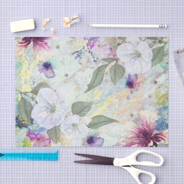 Papel De Seda Script floral de aquarela vítrea em marisco e ouro (Arte )