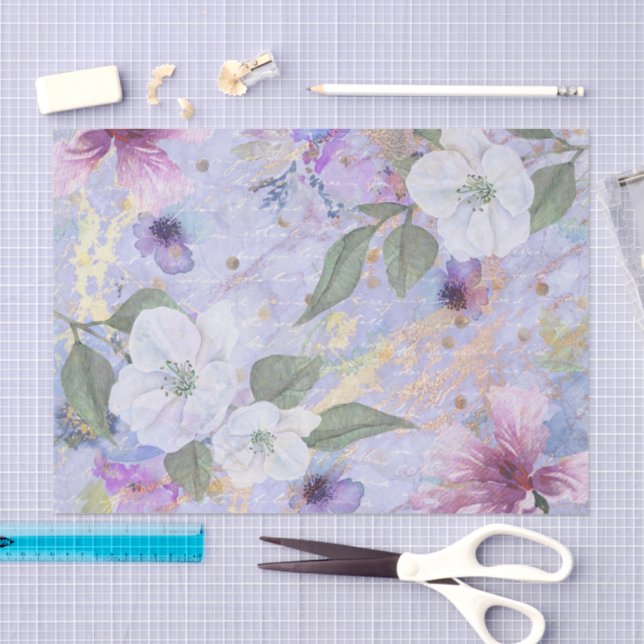 Papel De Seda Script floral de aquarela vítrea, ouro azul roxo (Arte )