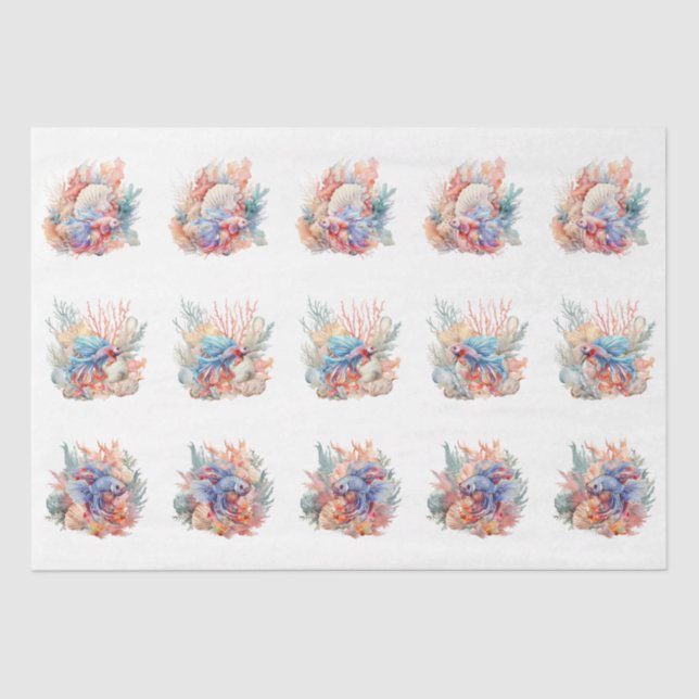 Papel De Seda Sea Shells Coral & Betta Fish Decoupage (Frente )