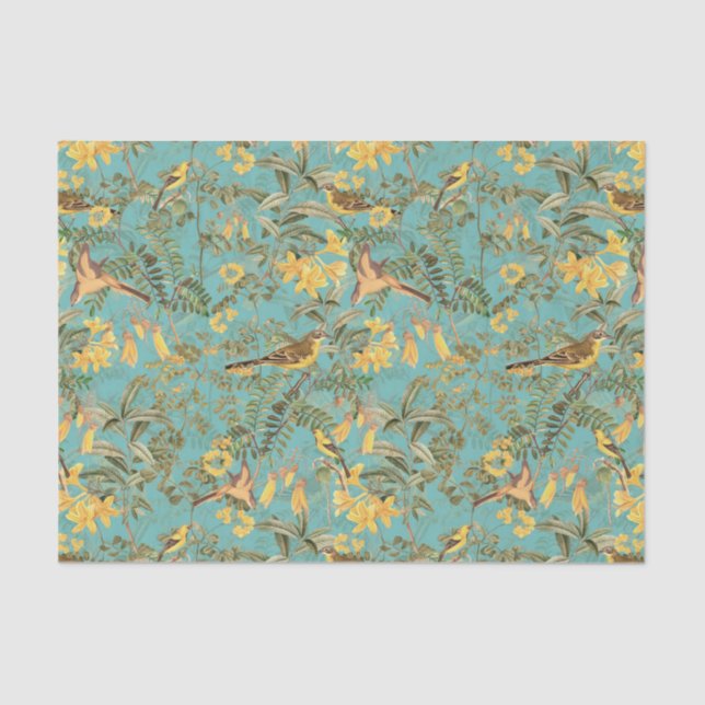 Papel De Seda Selva Tropical Com Aves Amarelas E Flores (Frente )