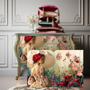 Papel De Seda Senhora com Guarda-Sol, Pássaro, Arte de Flores e
