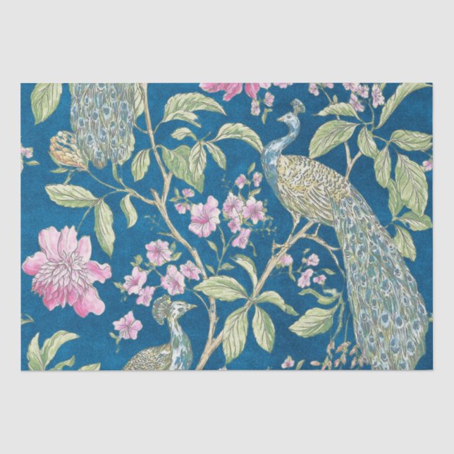 Papel De Seda Separação floral de pavão de chinês azul (Frente )