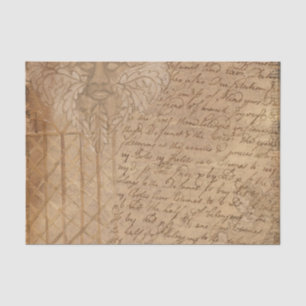 Papel De Seda Sepia Vintage Lattice Folhas e Script