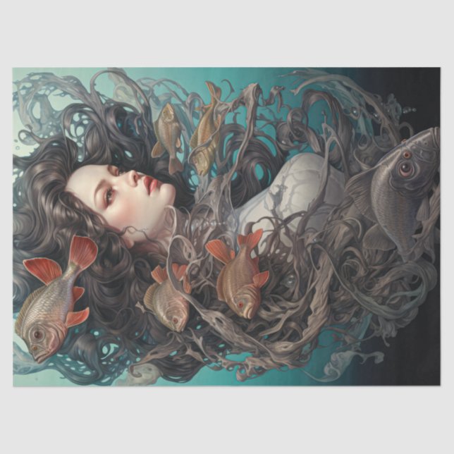 Papel De Seda Sereia E Pescadas Sob O Mar (Frente )