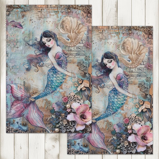 PAPEL DE SEDA SEREIA MÍDIA MISTA DECOUPAGEM (MERMAID MIXED MEDIA DECOUPAGE TISSUE PAPER)