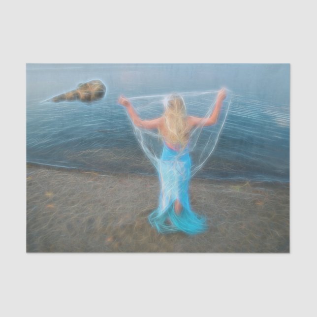 Papel De Seda Sereia Pela Fantasia Náutica Azul Do Mar (Frente )