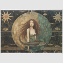 Sereia Primitiva Com Decoupage Celestial De Peixes