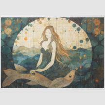 Sereia Primitiva com Decoupage do Oceano de Peixes