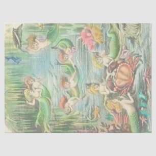 Papel De Seda Sereias Vintage com Caranguejo e Peixes Náuticos