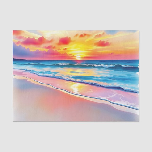 Papel De Seda Serene Beach Sunset com Reflexões Vibrantes (Frente )