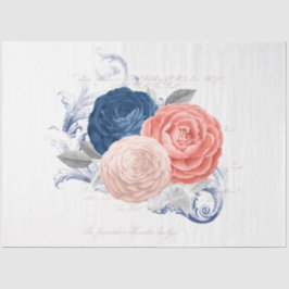 Papel De Seda Série de Ephemera Floral Rosa e Azul-Marinho Desig