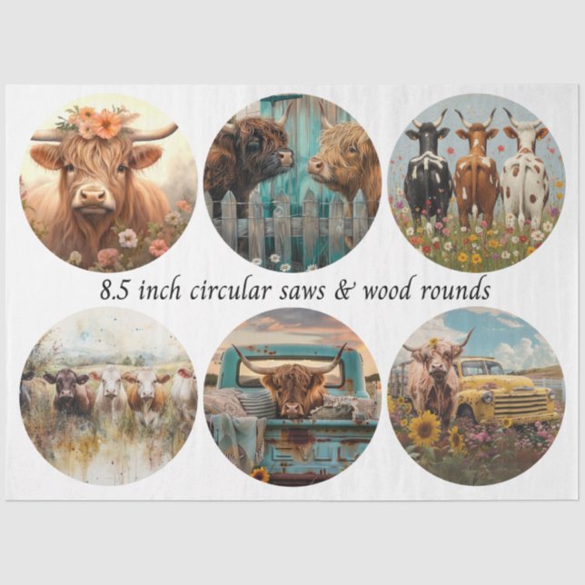 Papel De Seda Serra Circular Decoupage Vacas das Terras Altas 8. (Frente )