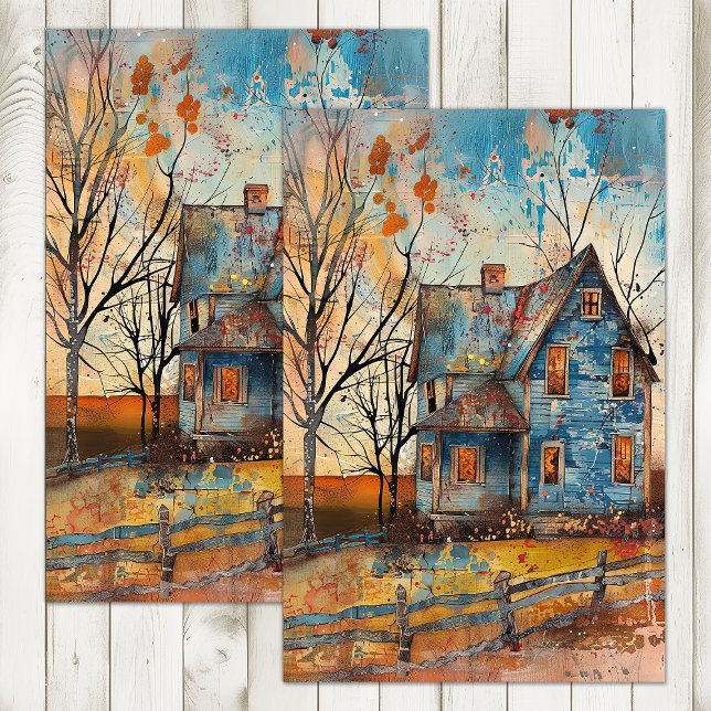 PAPEL DE SEDA SHABBY BLUE FARMHOUSE NO OUTONO (SHABBY BLUE FARMHOUSE IN AUTUMN DECOUPAGE TISSUE PAPER)
