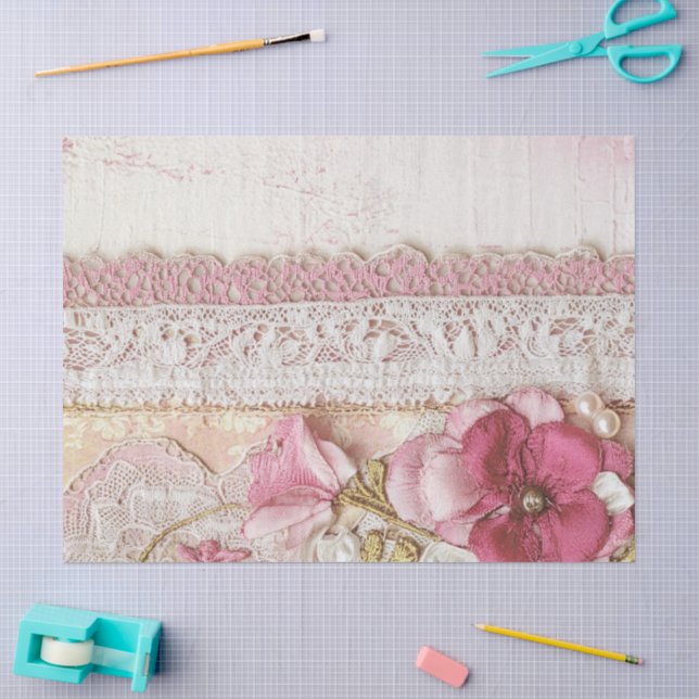 Papel De Seda Shabby Chic Rosa com Renda  (Arte )