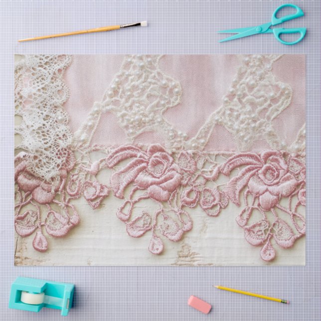 Papel De Seda Shabby Chic Rosa com Renda  (Arte )