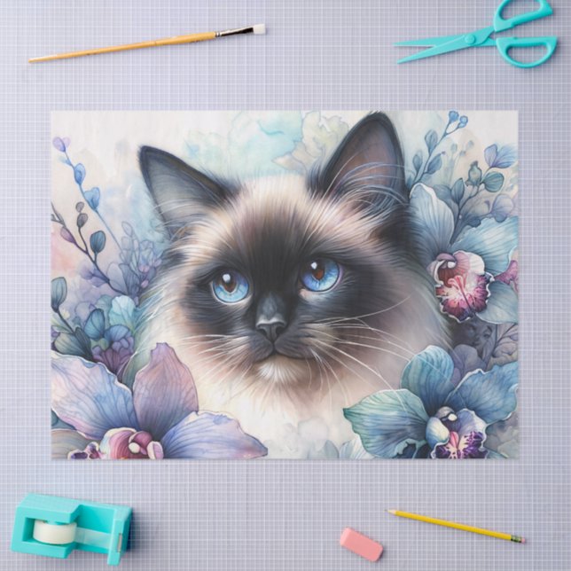 Papel De Seda Siamese Cat Orchid Flowers Portrait (Arte )