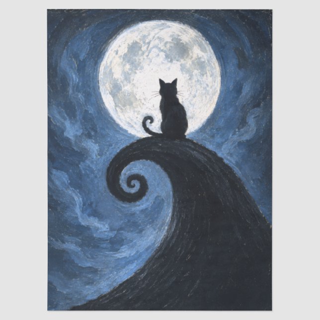 Papel De Seda Silhueta de Gato Preto Decoupage de Lua Cheia (Frente )