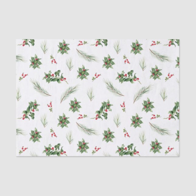 Papel De Seda Simples Clássico Holly Berry Watercolor Natal (Frente )