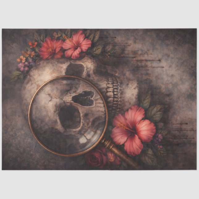 Papel De Seda Skull and Flowers | Gothic Magnifying Glass Art (Frente )