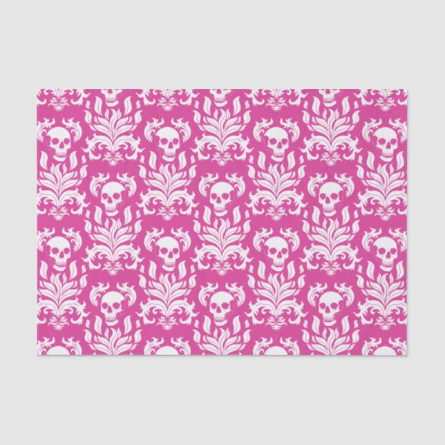 Papel De Seda Skull Flame Damask em branco nítido em rosa quente (Frente )