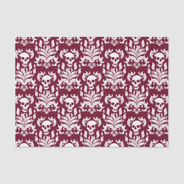 Papel De Seda Skull Flame Damask em branco nítido em vermelho pr (Frente )