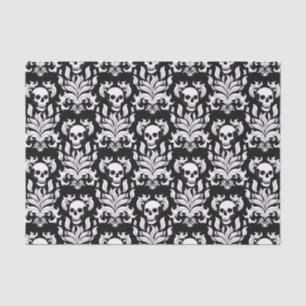 Papel De Seda Skull Flame Damask in stark white on black (Damasc