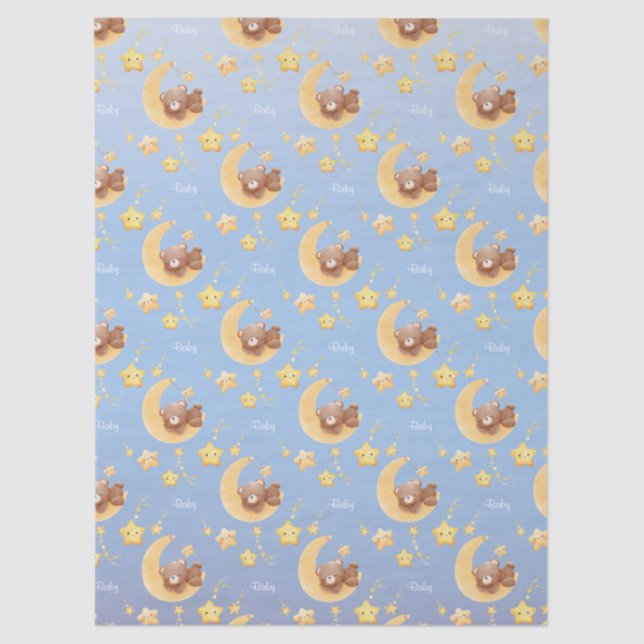 Papel De Seda Sleepy Teddy Bear Moon Soft Blue Baby Shower (Frente )