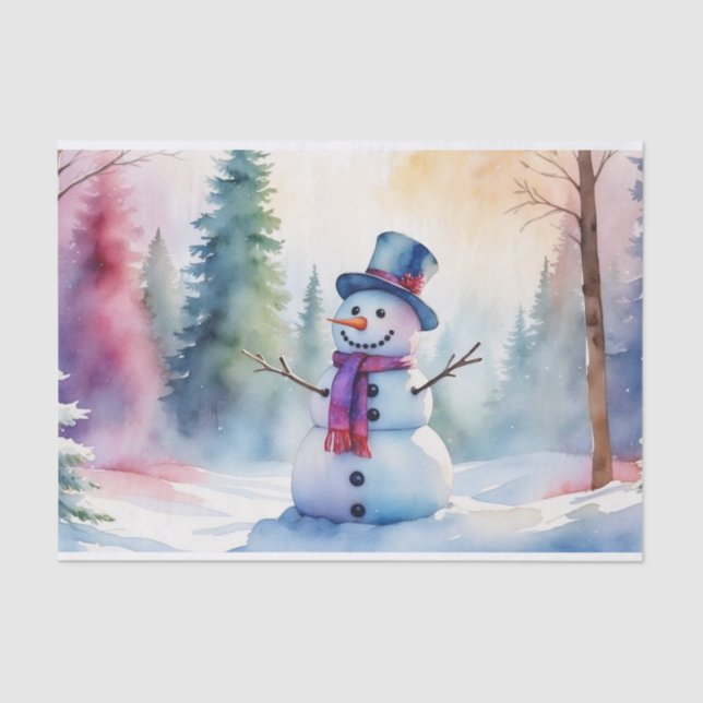 Papel De Seda Snowman e Floresta de inverno da Aquarela de Natal (Frente )