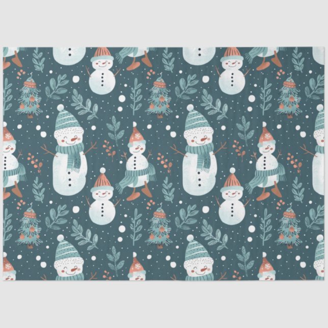 Papel De Seda Snowmen Snow Trees Greenery Natal (Frente )