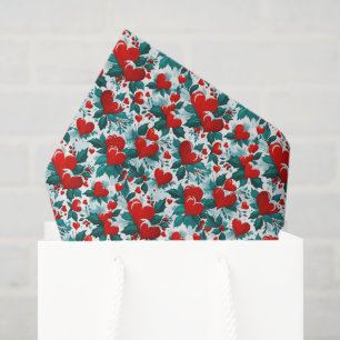 Papel De Seda Snowy Red Christmas Hearts and Holly