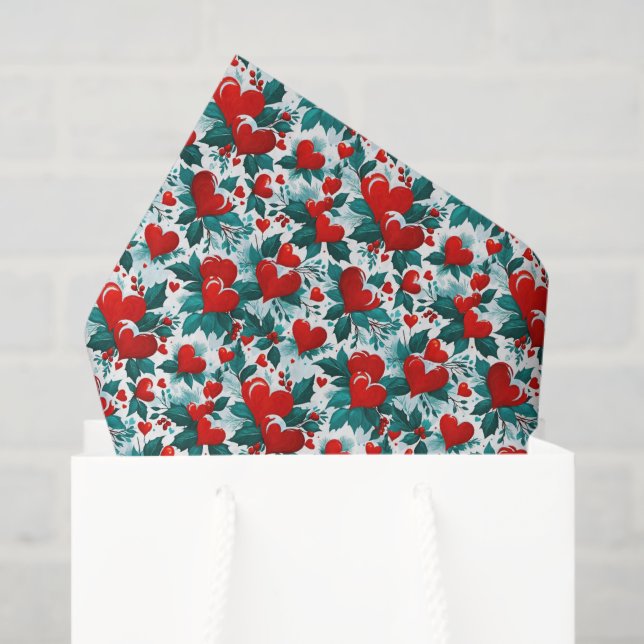 Papel De Seda Snowy Red Christmas Hearts and Holly (Sacola de presentes)