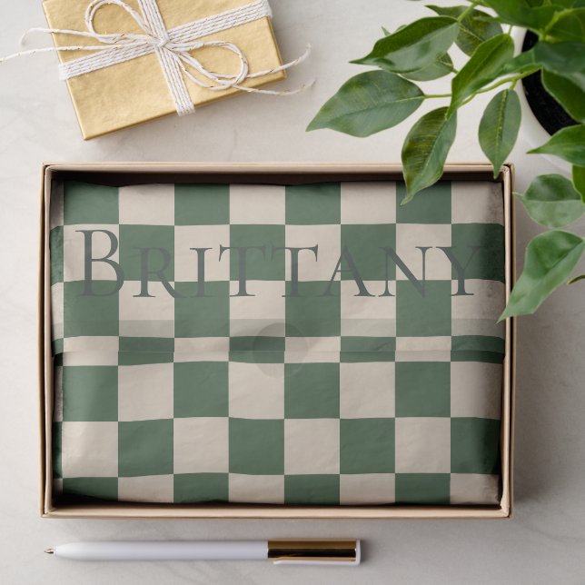 Papel De Seda Sofisticado Xadrez Verde e Creme Personalizável  (Presente)