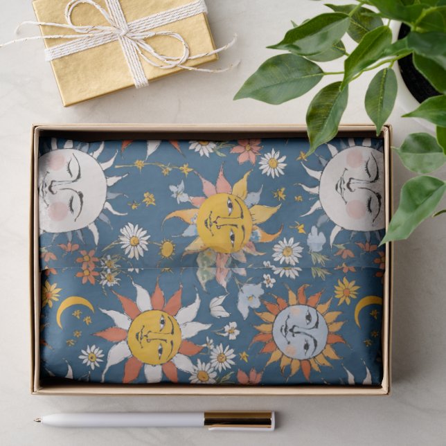 Papel De Seda Sol e Lua Floral em Azuis e Amarelos (Presente)