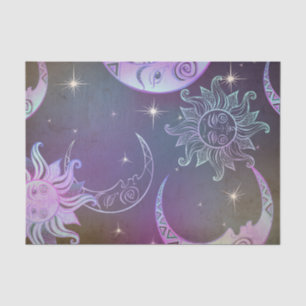 Papel De Seda Sol lua rostos estrelas roxo estilizado desenhado