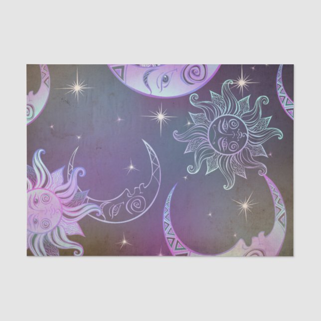 Papel De Seda Sol lua rostos estrelas roxo estilizado desenhado  (Frente )