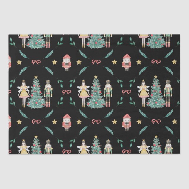 Papel De Seda Soldados e Fadas de Nozes de Natal em Preto (Frente )